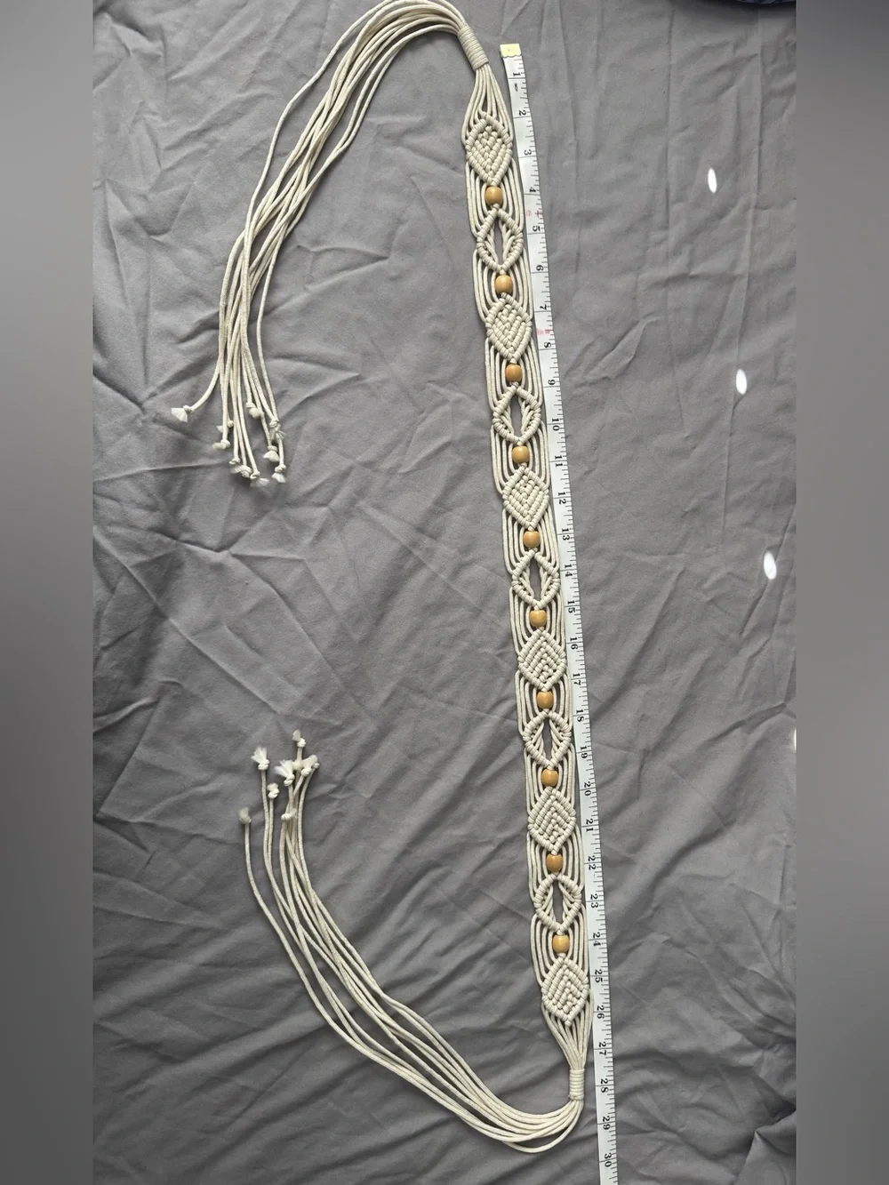 Boho Macrame Tie Belt in Cream with Wooden Beads
